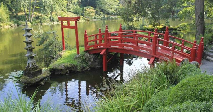 red japanese bridge in garden