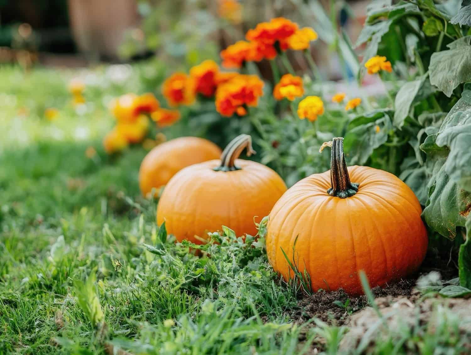 Orange pumpkins growing in garden patch with green vines and leaves, colorful flowers visible in background