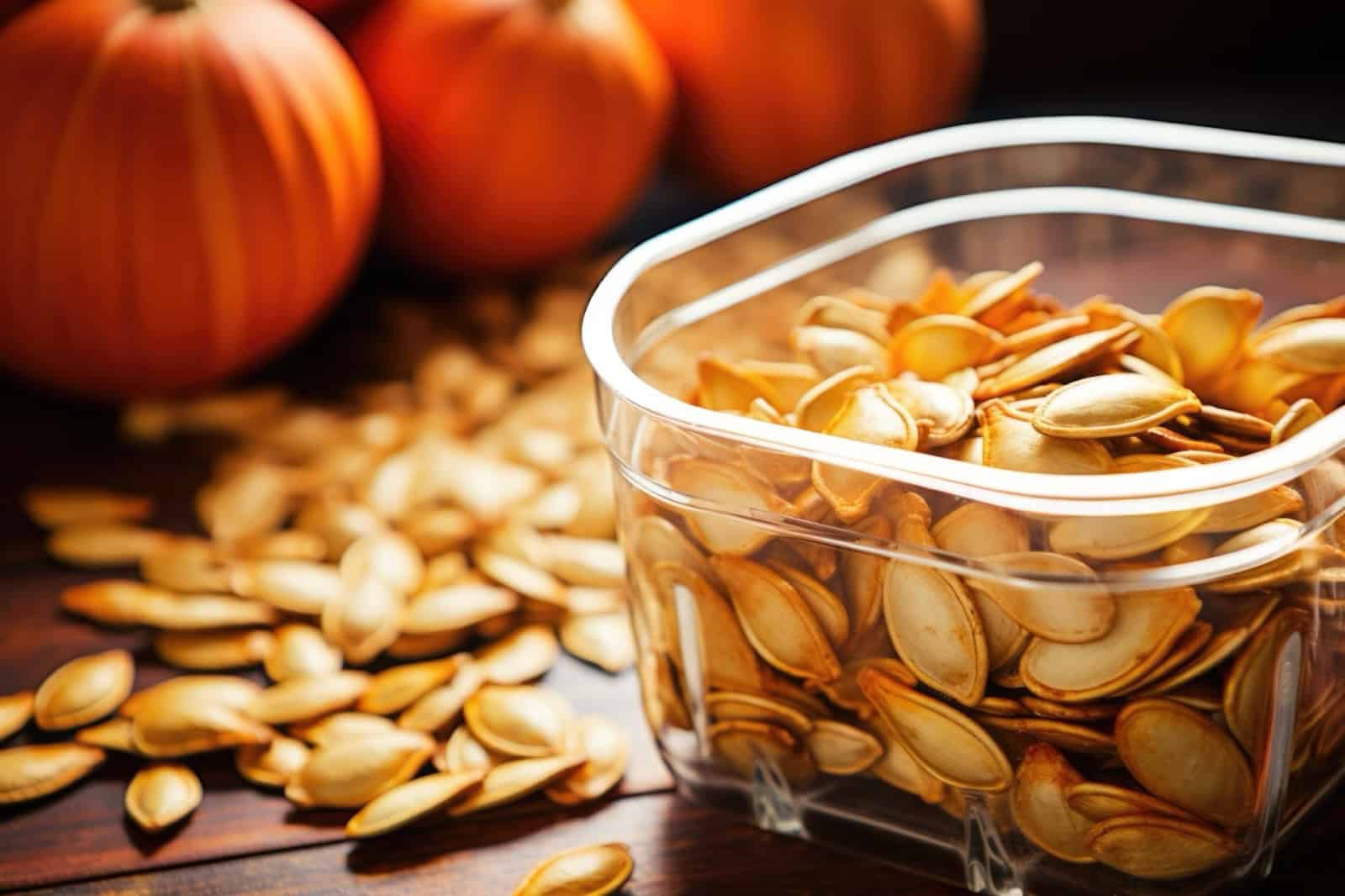 closeup of pumpkin seeds in a transparent container, created with generative ai