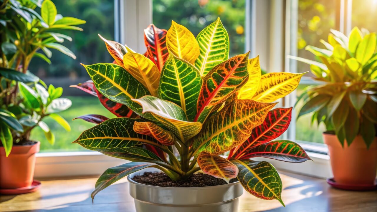 Croton plant, vibrant multicolored leaves in shades of green, yellow, orange, and red, growing in a white pot