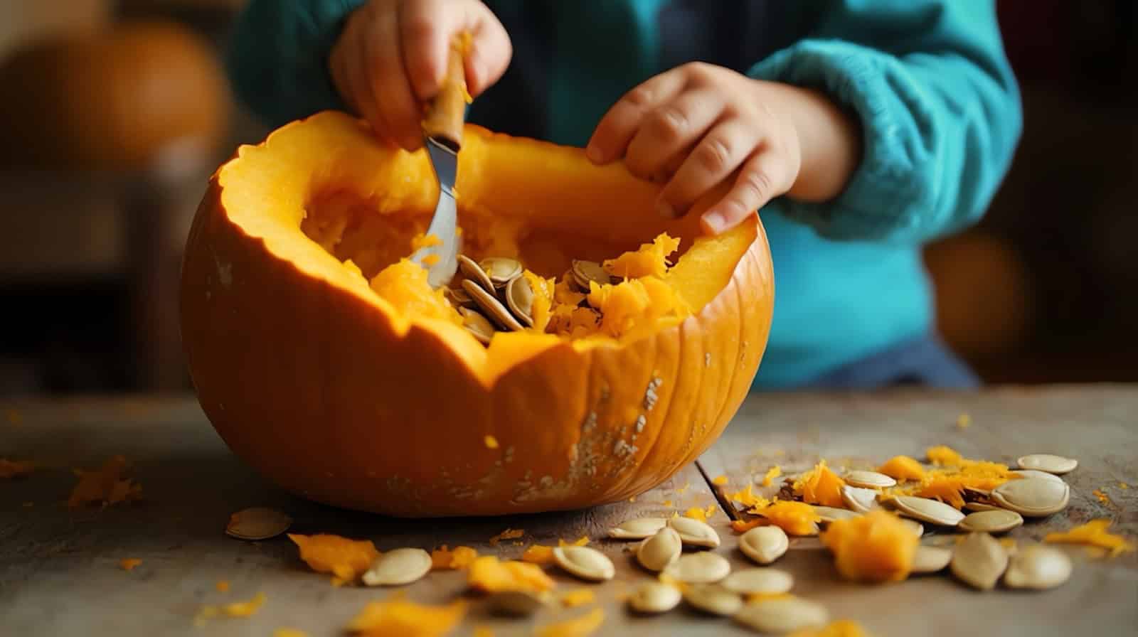 Child's hands scooping pumpkin guts with a spoon