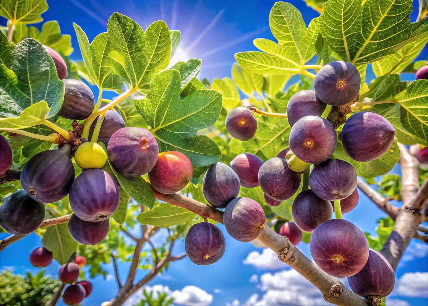Ripe purple figs growing on branches with large green leaves against a bright blue sky with sunlight
