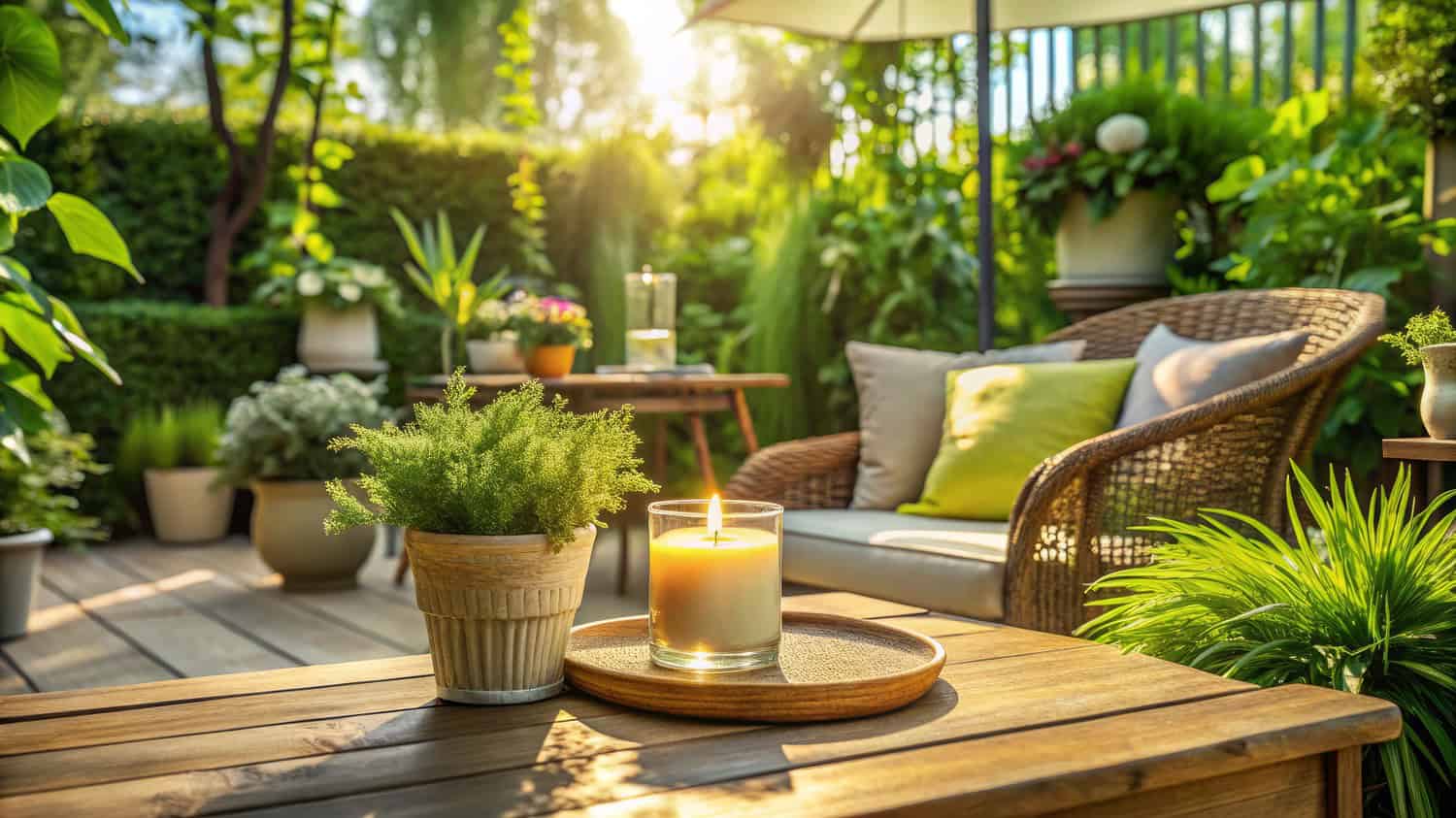 Outdoor patio setup with a lit citronella candle on a wooden table, potted plants surrounding the space, wicker chair with green and yellow cushions