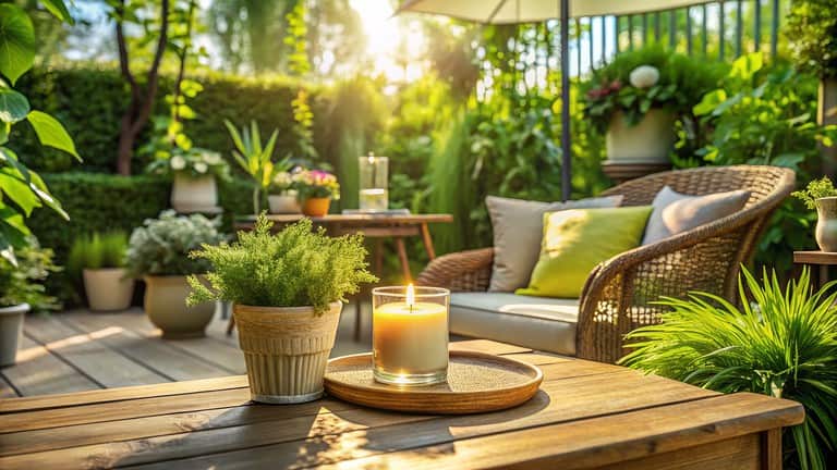 Outdoor patio setup with a lit citronella candle on a wooden table, potted plants surrounding the space, wicker chair with green and yellow cushions