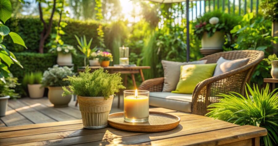 Outdoor patio setup with a lit citronella candle on a wooden table, potted plants surrounding the space, wicker chair with green and yellow cushions