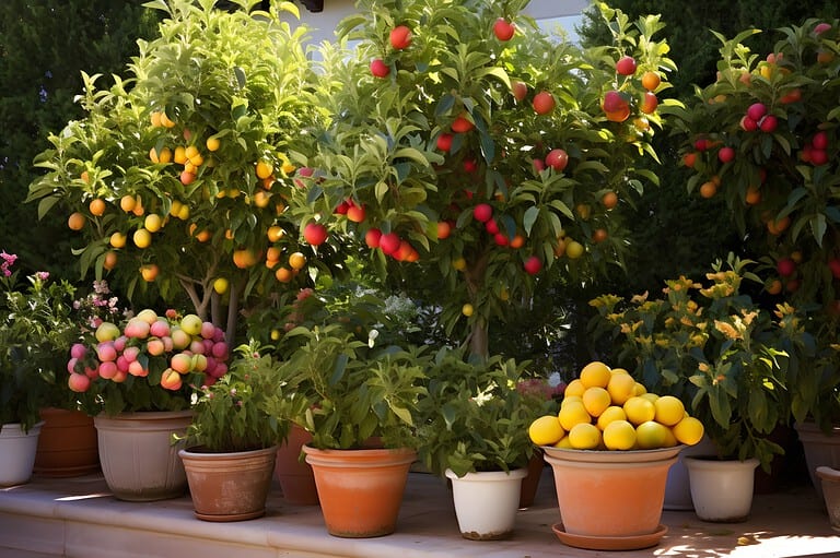 Potted fruit trees with apples and lemons, apples and lemons ripening on branches, a variety of fruit trees in decorative pots, vibrant fruits growing in a garden, colorful apples and lemons on trees, home garden with citrus and apple trees