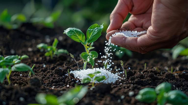 A small plant being fertilized with salt crystals sprinkled around its base, close-up showing green leaves and soil