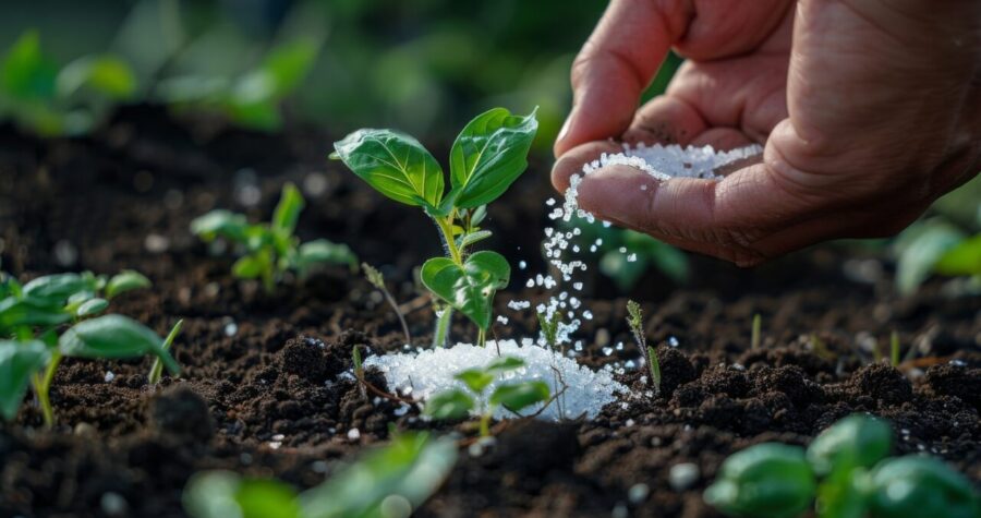 A small plant being fertilized with salt crystals sprinkled around its base, close-up showing green leaves and soil