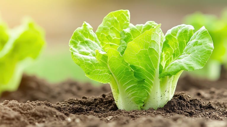 Young lettuce seedling with bright green leaves growing in dark soil, with additional plants visible in background