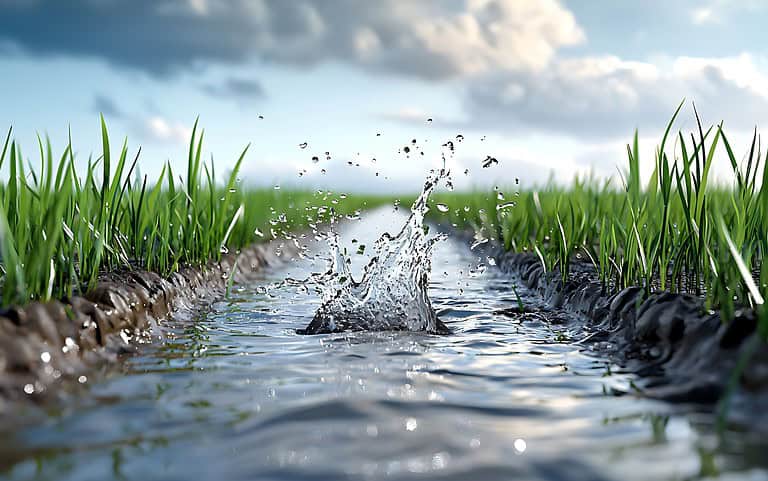 Water flowing through drainage ditch or channel with green grass on both sides under cloudy sky