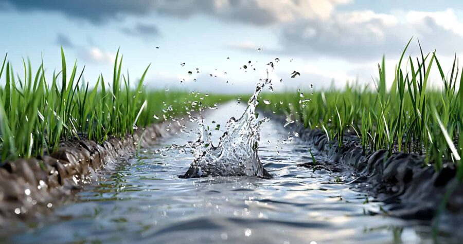 Water flowing through drainage ditch or channel with green grass on both sides under cloudy sky