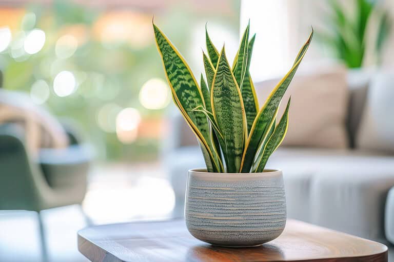 Snake plant in gray ceramic pot, green leaves with yellow edges, indoor setting, blurred background