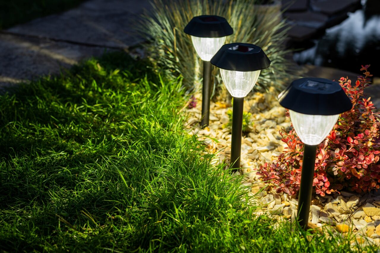 Solar pathway lights illuminating garden at night, small solar-powered landscape lighting fixtures among ground cover plants, outdoor garden path lighting in darkness, decorative garden lights casting glow on surrounding greenery