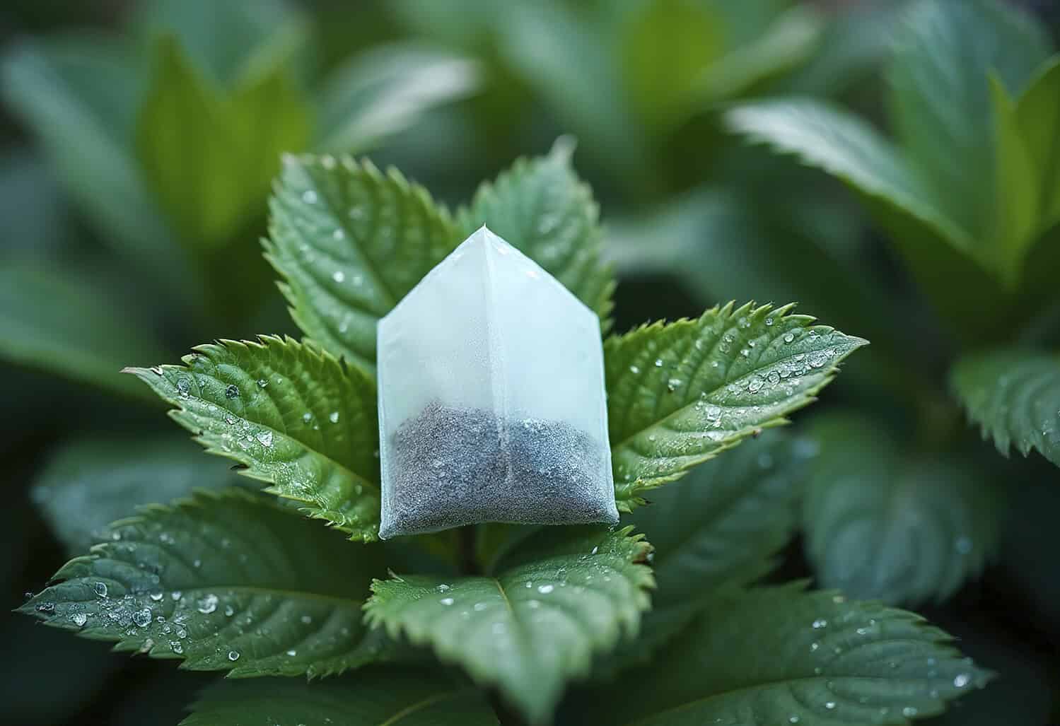 White tea bag resting on fresh green mint leaves