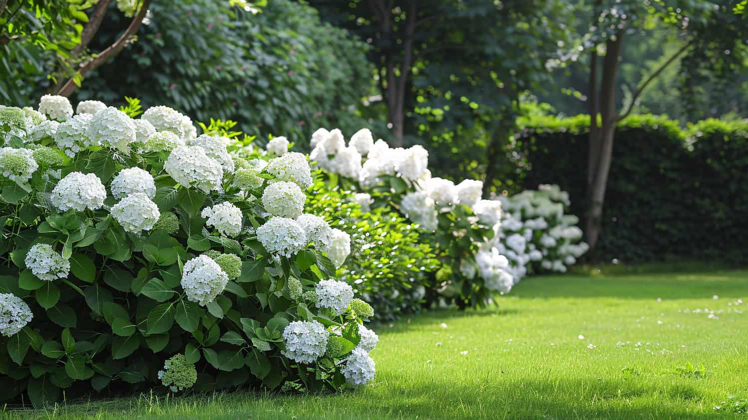 Garden border with white hydrangea bushes in full bloom against a green lawn. Lush spherical flower heads create a flowing hedge effect, with trees and more shrubs visible in the background