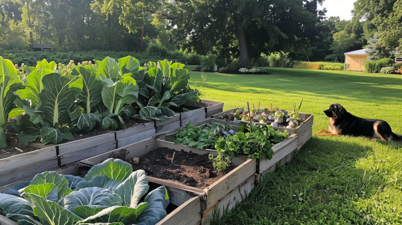 Raised garden beds filled with leafy greens, herbs, and vegetables, wooden frames containing rich soil