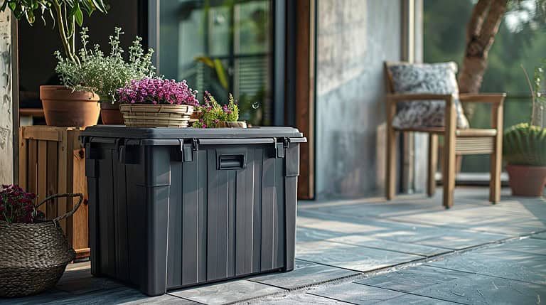 Dark wooden planter box with pink flowering plants, stone patio flooring, glass doors, modern outdoor landscaping design