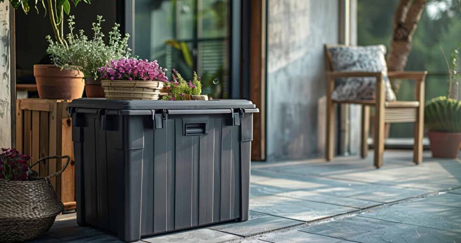 Dark wooden planter box with pink flowering plants, stone patio flooring, glass doors, modern outdoor landscaping design