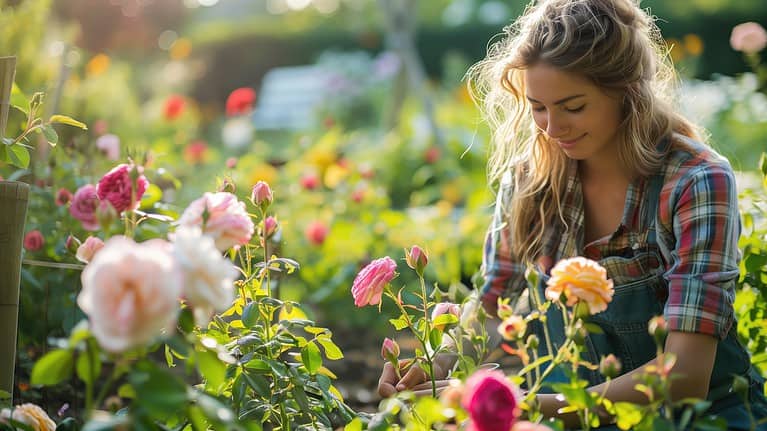 A woman tending to roses in a garden, focused on pruning flowers, wearing a plaid shirt, vibrant blooming roses in various colors surrounding her