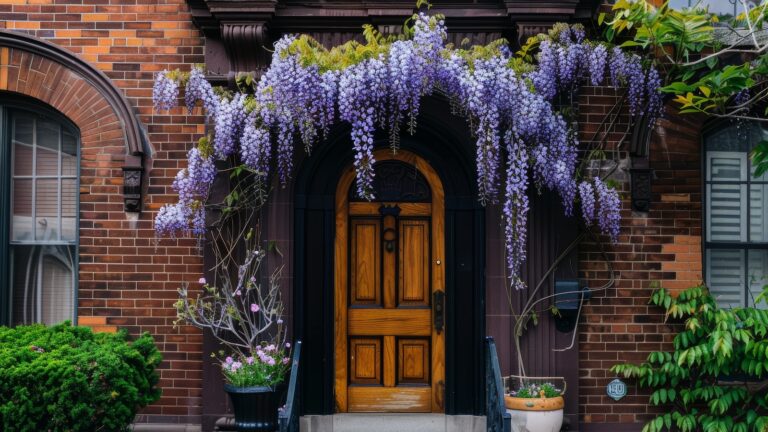 Wooden door with an arched entryway, cascading purple flowers above, potted plants near the entrance, small steps leading to the door, cozy and inviting porch, lush greenery surrounding the entrance
