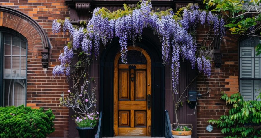 Wooden door with an arched entryway, cascading purple flowers above, potted plants near the entrance, small steps leading to the door, cozy and inviting porch, lush greenery surrounding the entrance
