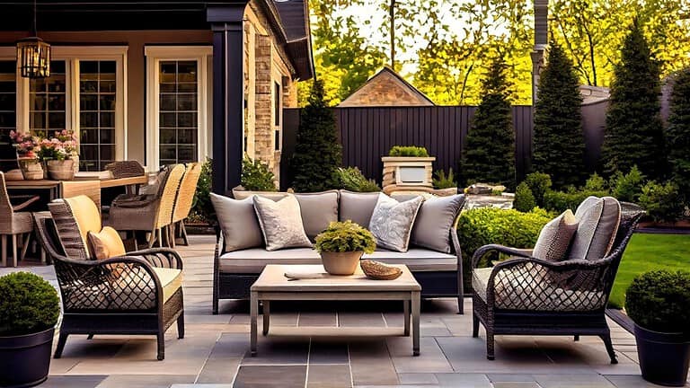 Modern outdoor patio with gray sectional sofa, wooden coffee table, decorative bowls, black privacy fence, house exterior with wood siding, green lawn, trees