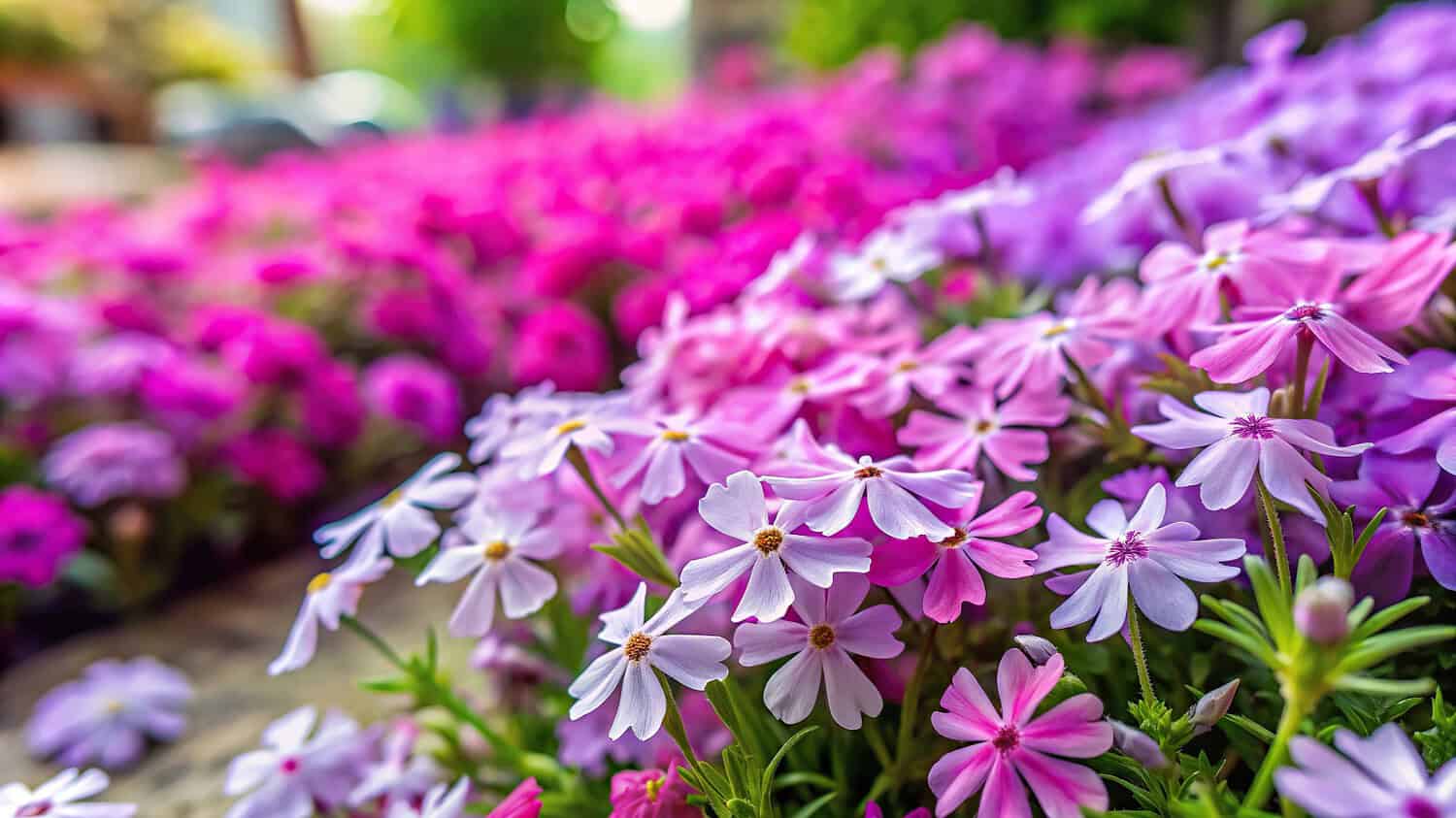Close-up of creeping phlox flowers in varying shades of purple, pink and white blooming in a sunny garden