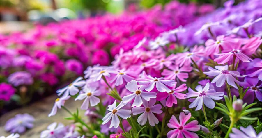 Close-up of creeping phlox flowers in varying shades of purple, pink and white blooming in a sunny garden