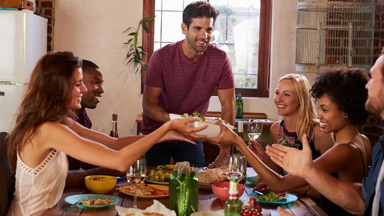 Dinner party, friends, food,eating, men, women