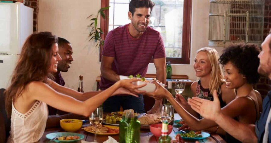 Dinner party, friends, food,eating, men, women