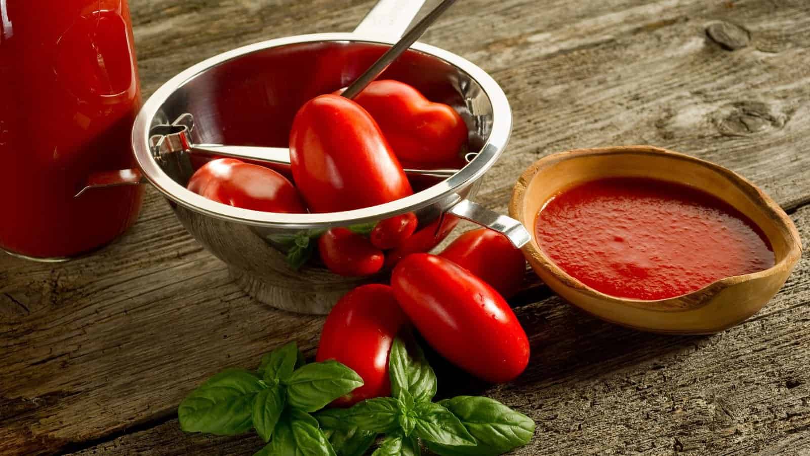 Fresh Roma tomatoes in metal colander, bowl of tomato sauce nearby, green basil leaves visible, kitchen countertop surface, food preparation setting