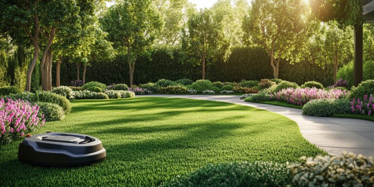 A well-maintained lawn, manicured trees and shrubs, a winding garden path, vibrant flowers and greenery, sun-dappled grass, peaceful garden scene, bright sunlight, fresh, lush landscape, tranquil outdoor setting