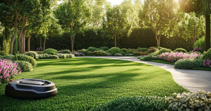 A well-maintained lawn, manicured trees and shrubs, a winding garden path, vibrant flowers and greenery, sun-dappled grass, peaceful garden scene, bright sunlight, fresh, lush landscape, tranquil outdoor setting