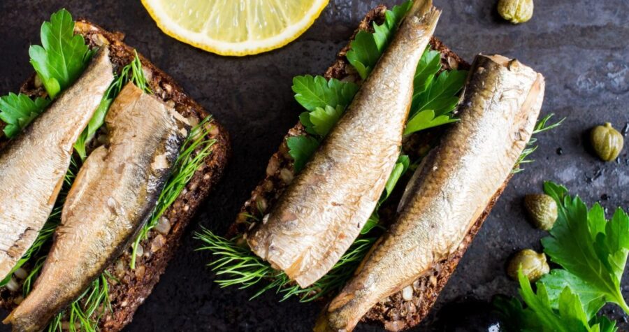 sardines, fresh parsley, and dill, served on a dark surface, garnished with a lemon slice and black olives