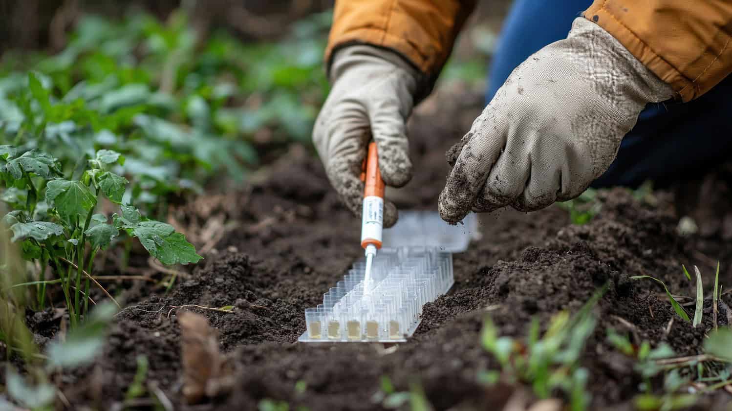 Hands in gardening gloves using soil test kit with pH strips to test garden soil quality among plants