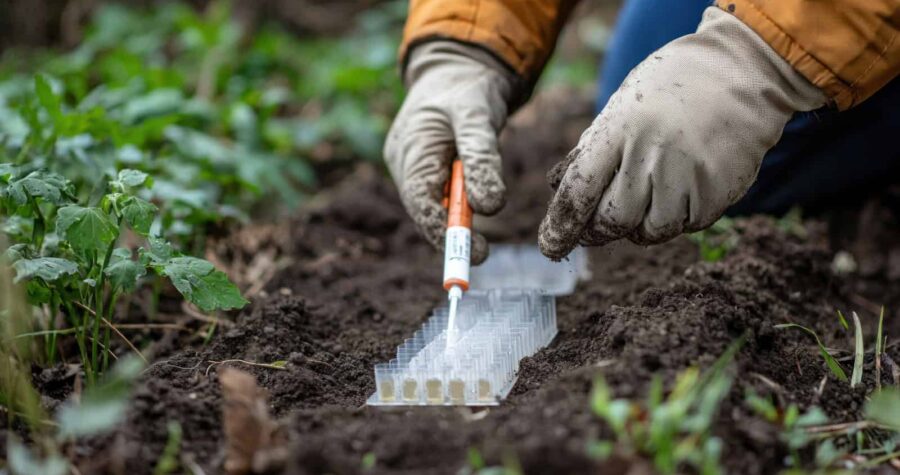 Hands in gardening gloves using soil test kit with pH strips to test garden soil quality among plants