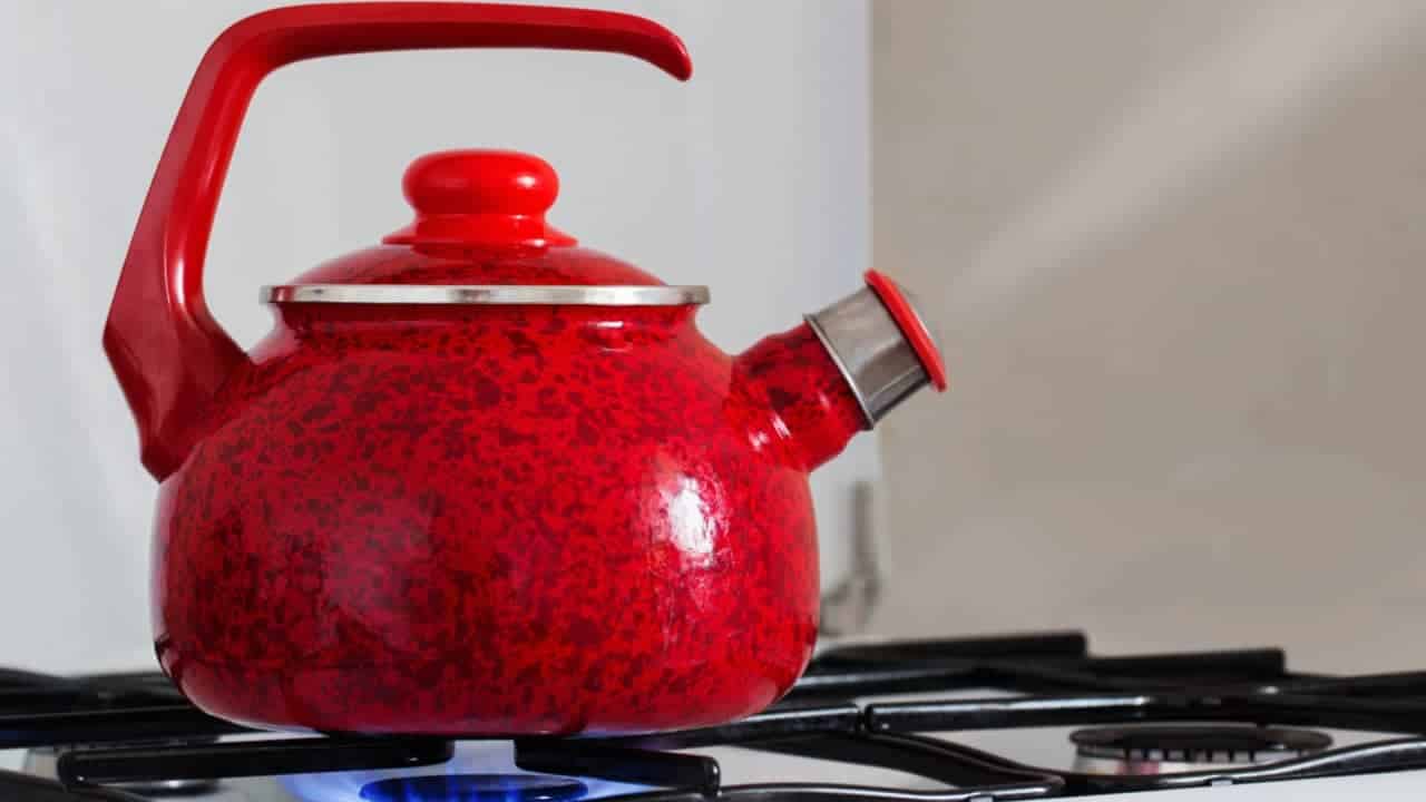 Whistling stovetop kettle, teapot, red, vintage, retro