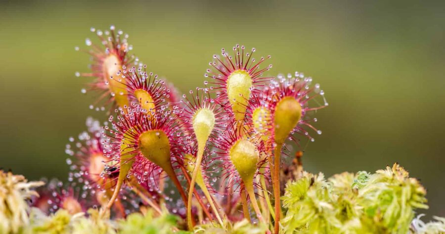 The image shows a close-up of a carnivorous plant, likely a sundew, with glistening, sticky tentacles, vibrant red and yellow colors, small droplets of dew on the tentacles