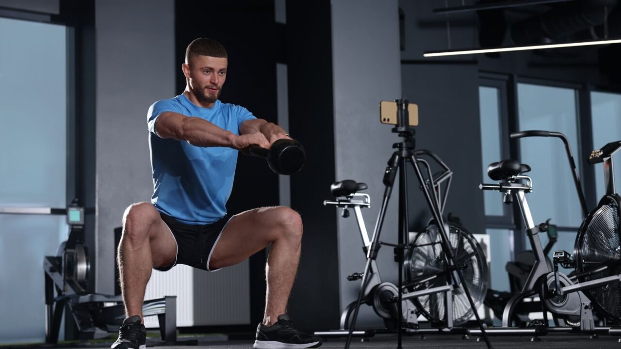 Male fitness trainer in a blue shirt performing a squat with a kettlebell in a gym while recording an online workout session using a smartphone mounted on a tripod