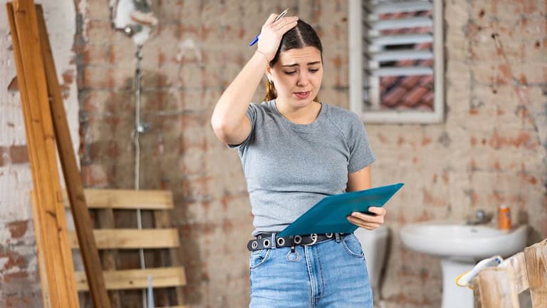 Portrait of frustrated young woman designer standing inside construction site, holding project documentation. Home renovations. Sad. Frustrated. Helpless.
