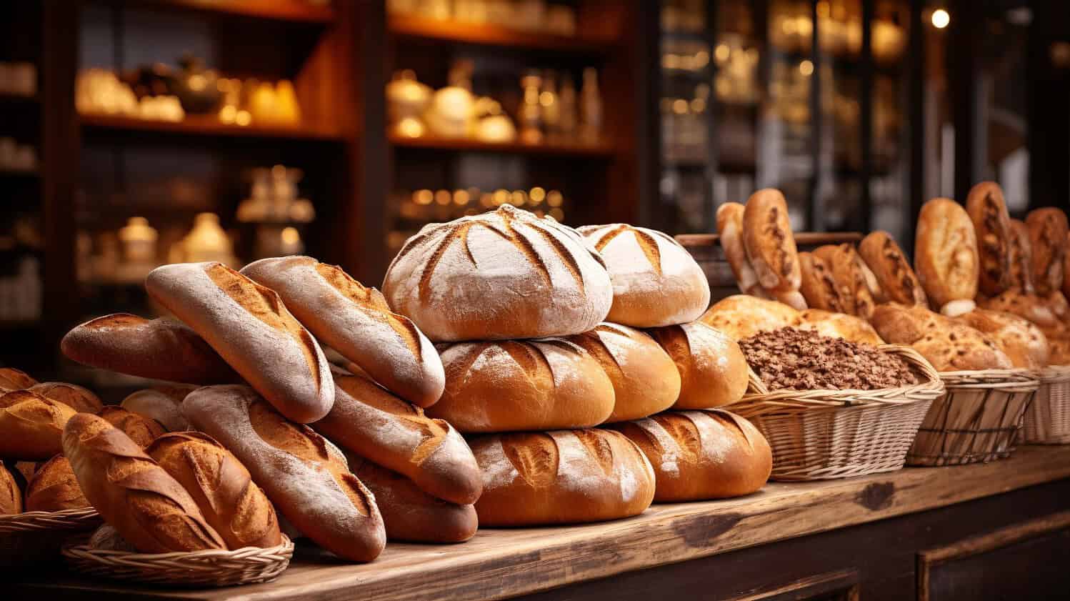 Freshly baked bread displayed in a bakery, golden-brown loaves stacked on a wooden counter, various types of bread including crusty rolls and seeded loaves