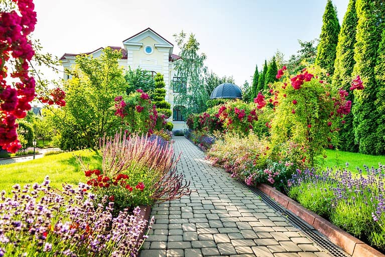Stone pathway through colorful garden with vibrant flowers, evergreen trees, and well-maintained landscaping leading to residential homes