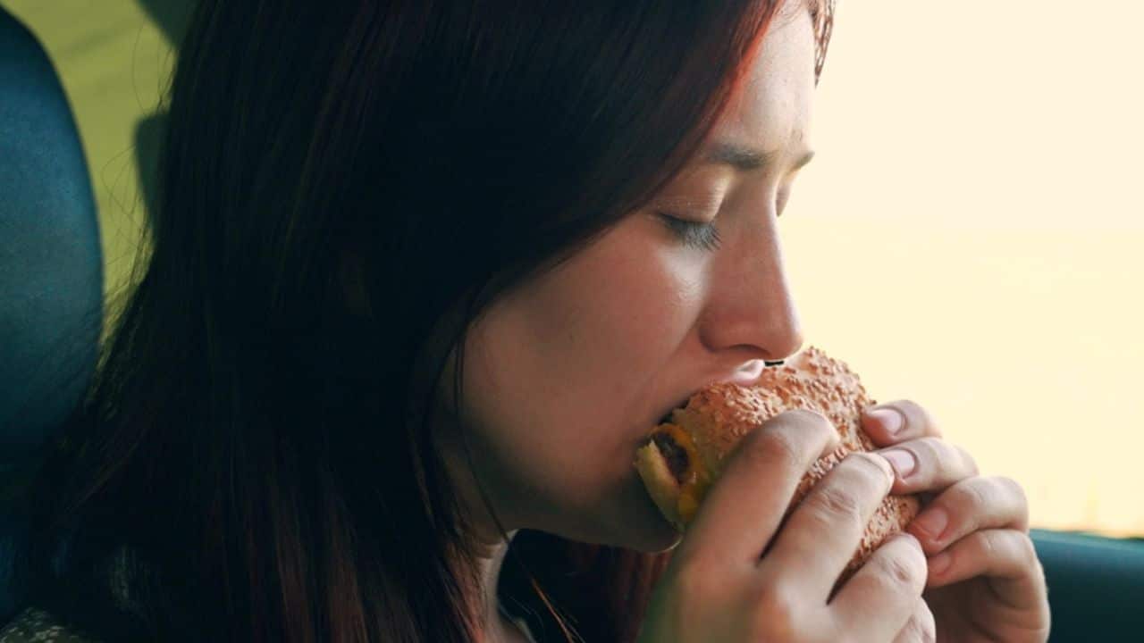 Girl passenger eats burger in car. Delicious food bun with cutlet. Young hungry woman eats roll with meatball while sitting in car. Teenager travels, having snack on road without leaving car. Tourist