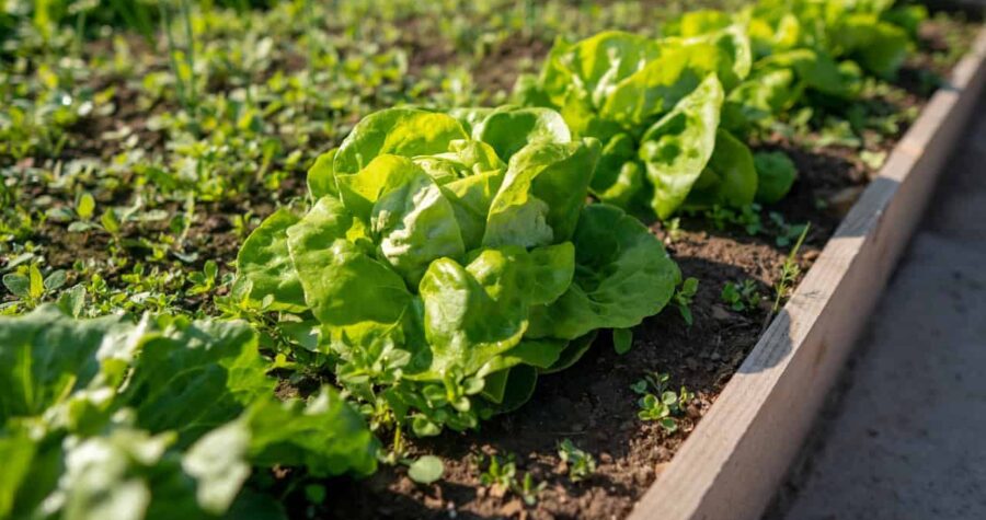 A young green butterhead lettuce growing in rich soil within a wooden raised garden bed, its crinkled leaves forming a compact rosette in bright sunlight