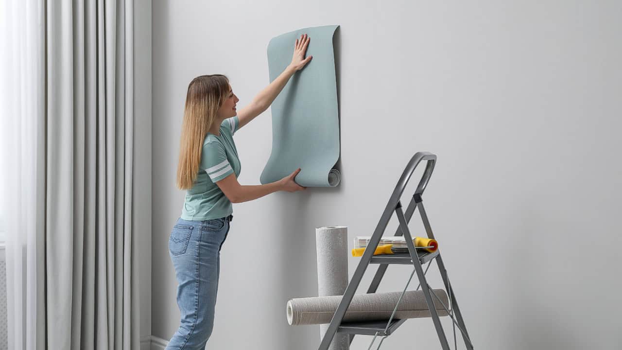 Woman hanging wallpaper