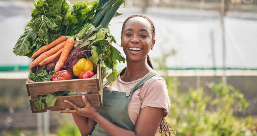 Woman, vegetables box and agriculture, sustainability or farming for supply chain or agro business. African farmer in portrait with harvest and gardening for NGO, nonprofit food or groceries basket