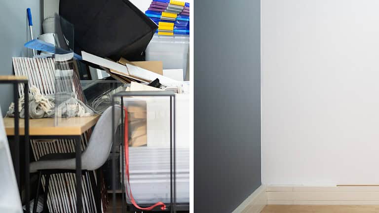 Cluttered room on the left, clean and organized space on the right, before and after tidying up, decluttering process, sorting items, reorganizing room