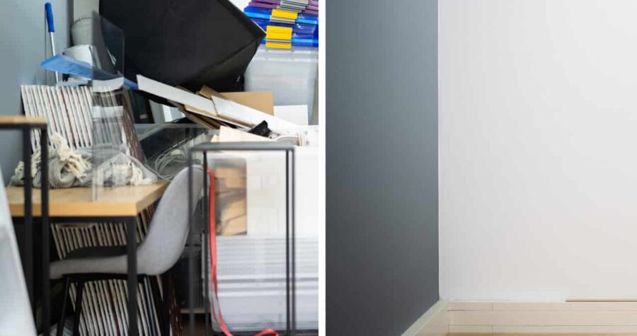 Cluttered room on the left, clean and organized space on the right, before and after tidying up, decluttering process, sorting items, reorganizing room