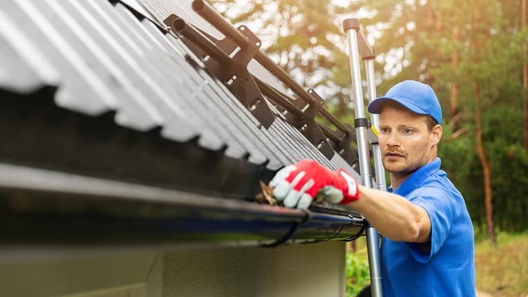 Man cleaning gutters, winterizing, home maintenance, gutters