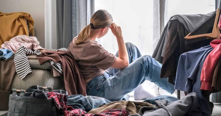 A person sitting among a pile of clothes, feeling overwhelmed, looking out the window, disorganized room with clothes scattered on the floor and hanging